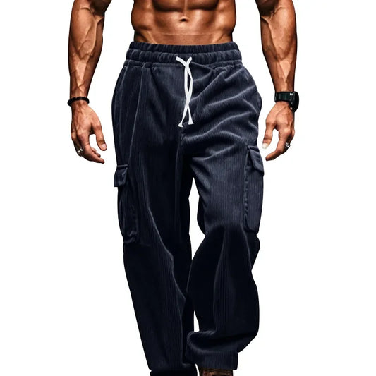 2024 new corduroy men's retro American loose tooling multi-pocket straight casual trousers