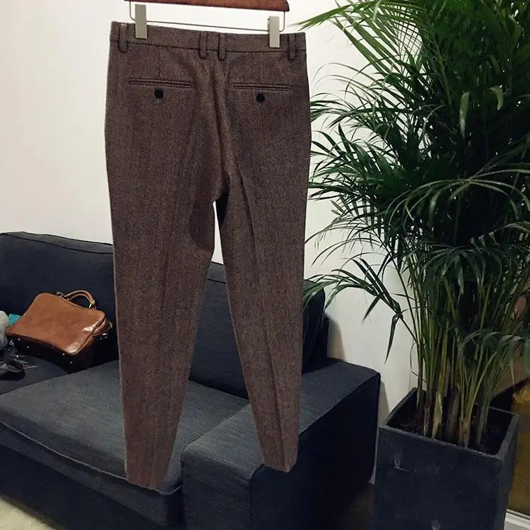 Trousers for Men Gray Herringbone Men's Trousers Retro Autumn Wool Tweed Pants Men's Clothing Plus Size for Gentleman Trousers