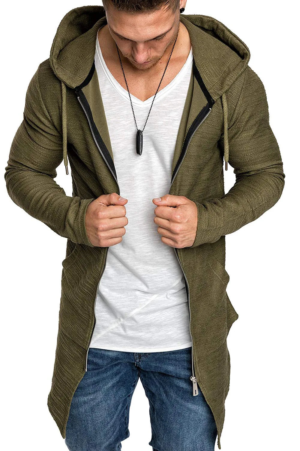Men's Coat Solid Color Slim Casual Long Spring Cardigan Jacket Zipper Thin Long Sleeve Hooded Windbreaker Coat for Autumn Winter
