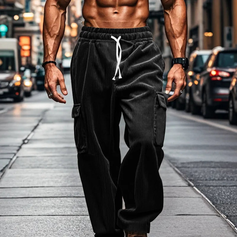 2024 new corduroy men's retro American loose tooling multi-pocket straight casual trousers