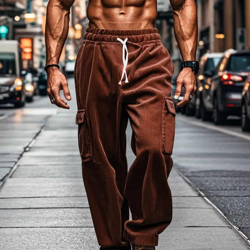 2024 new corduroy men's retro American loose tooling multi-pocket straight casual trousers