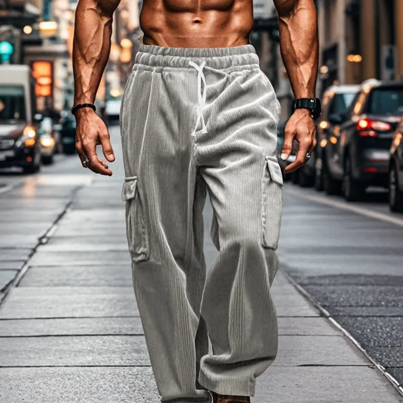 2024 new corduroy men's retro American loose tooling multi-pocket straight casual trousers