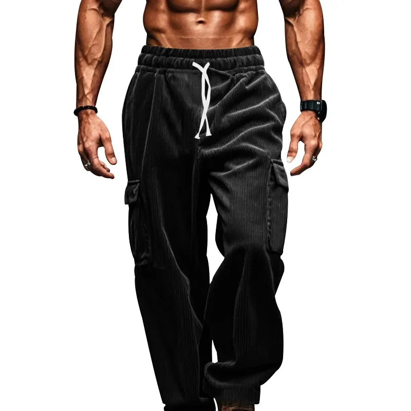 2024 new corduroy men's retro American loose tooling multi-pocket straight casual trousers