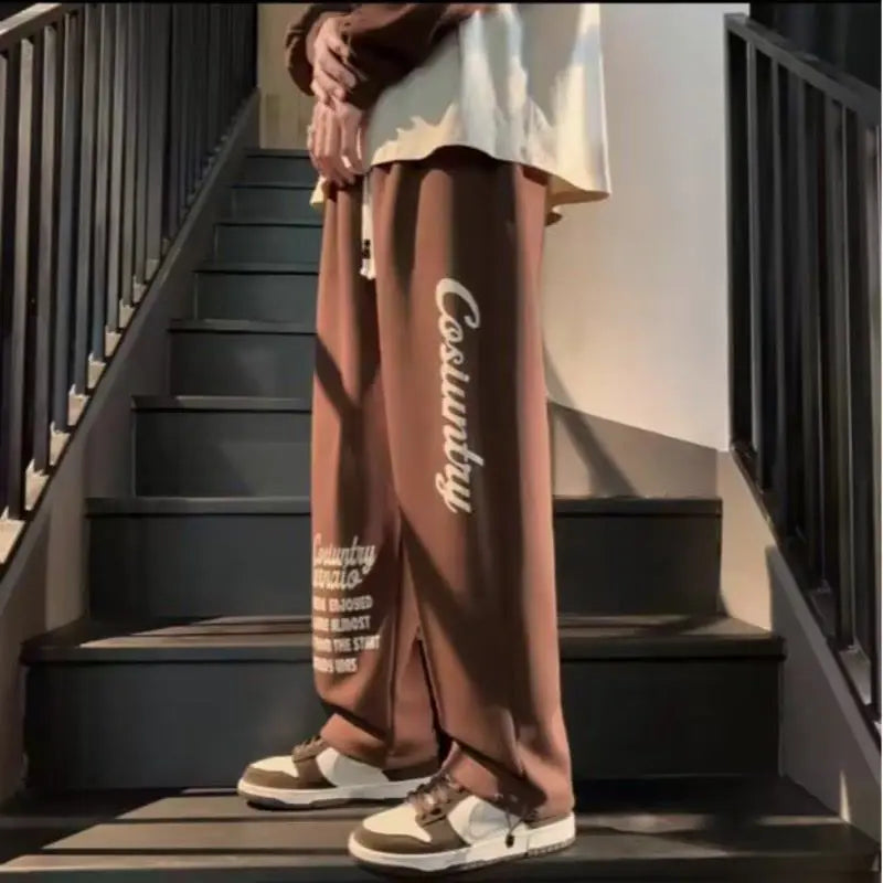 Men's Trousers Summer Fashion Casual Drawstring Printing Pants Solid Color Breathable  Straight Drawstring Pants Streetwear Men