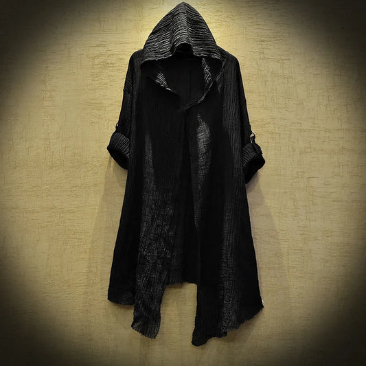 NEW Fashion Coat Black robe Translucent Linen cloak Thin Trench Men Gothic long coat mysterious Dustcoat Men Cardigan Spring