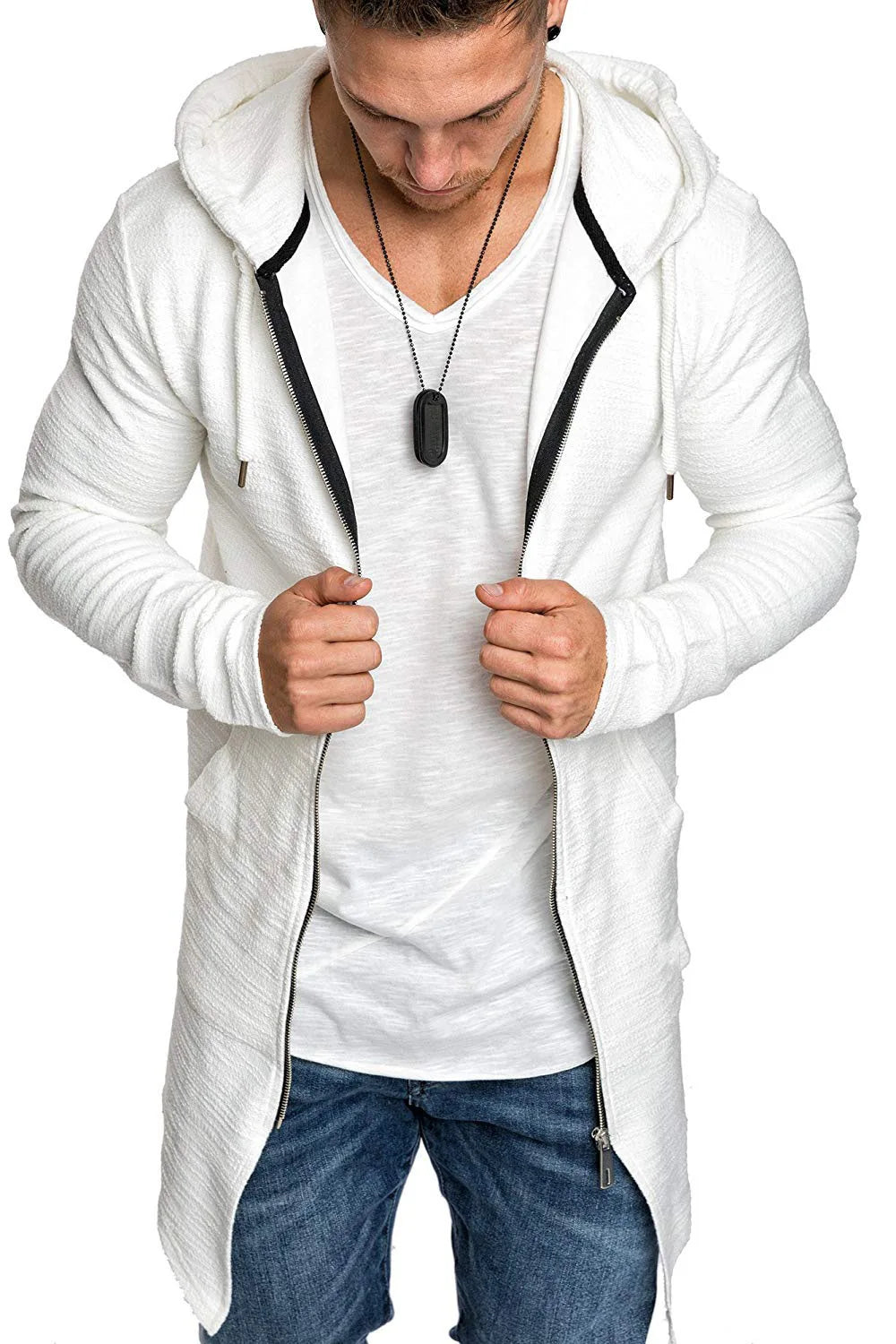 Men's Coat Solid Color Slim Casual Long Spring Cardigan Jacket Zipper Thin Long Sleeve Hooded Windbreaker Coat for Autumn Winter