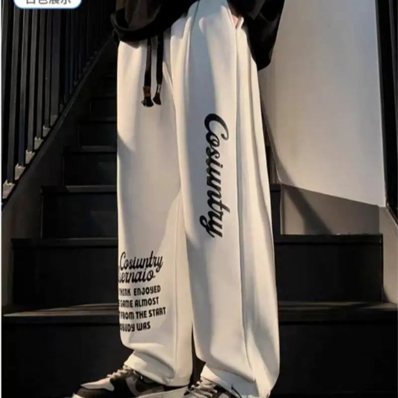 Men's Trousers Summer Fashion Casual Drawstring Printing Pants Solid Color Breathable  Straight Drawstring Pants Streetwear Men