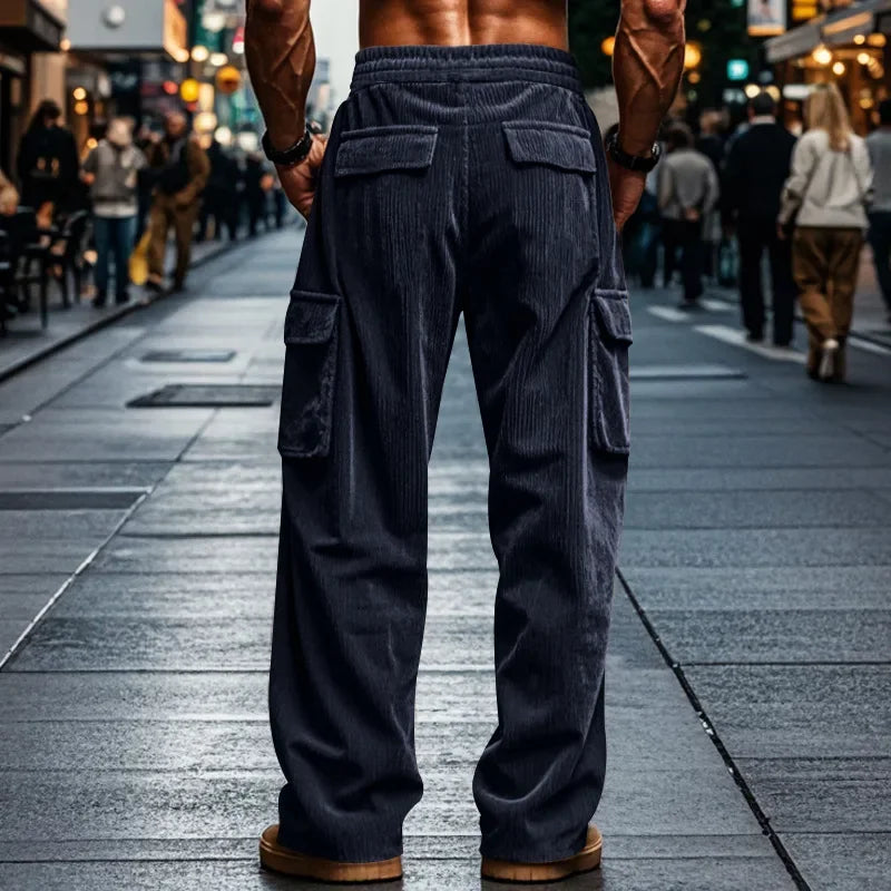 2024 new corduroy men's retro American loose tooling multi-pocket straight casual trousers