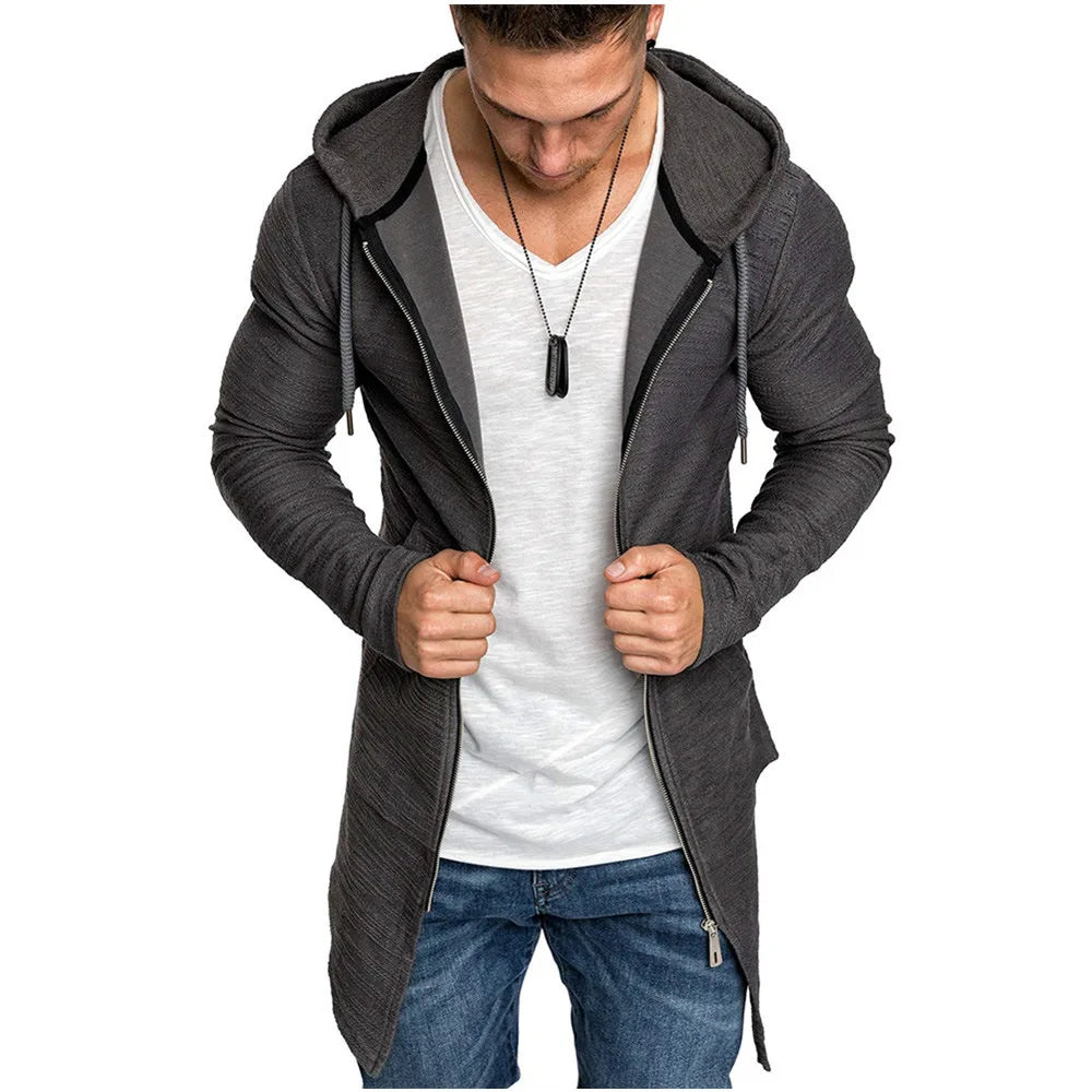 Men's Coat Solid Color Slim Casual Long Spring Cardigan Jacket Zipper Thin Long Sleeve Hooded Windbreaker Coat for Autumn Winter