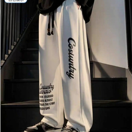 Men's Trousers Summer Fashion Casual Drawstring Printing Pants Solid Color Breathable  Straight Drawstring Pants Streetwear Men