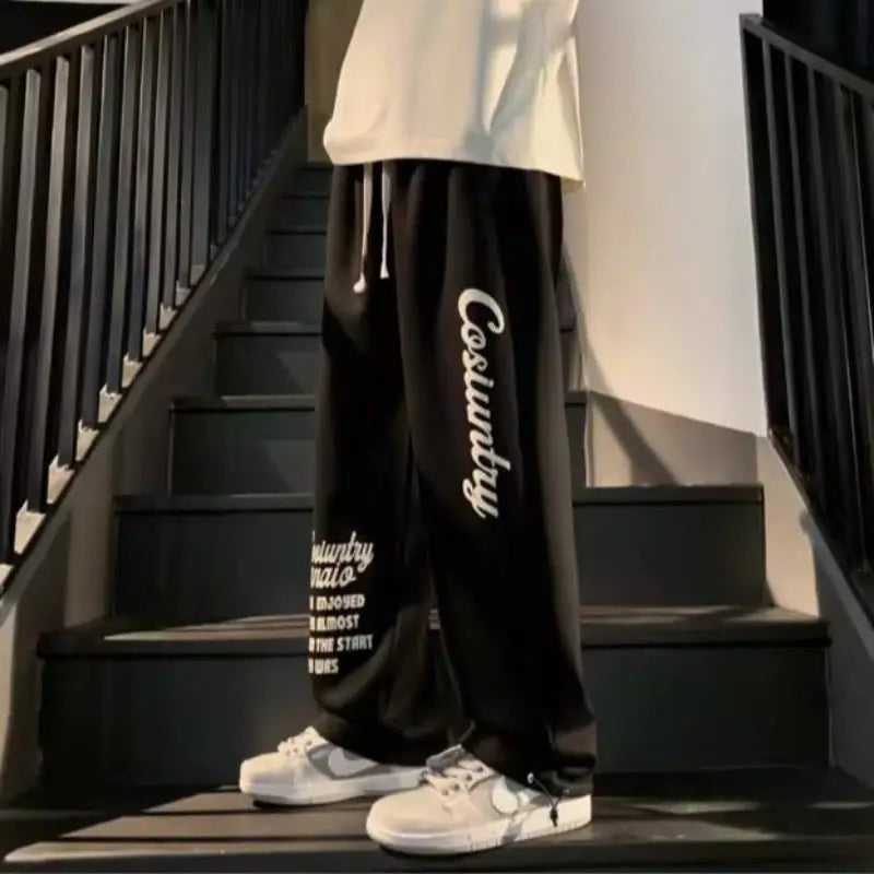 Men's Trousers Summer Fashion Casual Drawstring Printing Pants Solid Color Breathable  Straight Drawstring Pants Streetwear Men